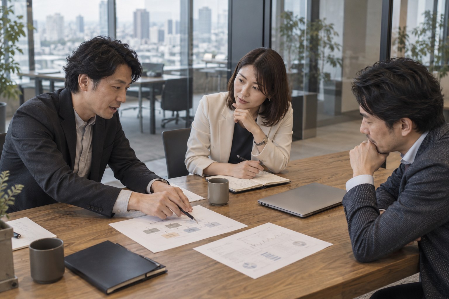 事業課題とAI活用の方針を話し合うイメージ