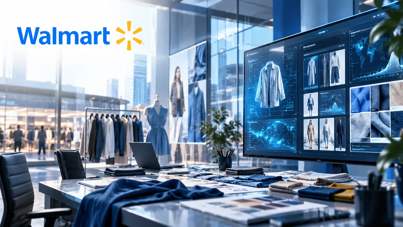 Walmartをテーマにした生成AI活用の商品開発スタジオ。衣料品デザインとAI解析を組み合わせたイメージ画像
