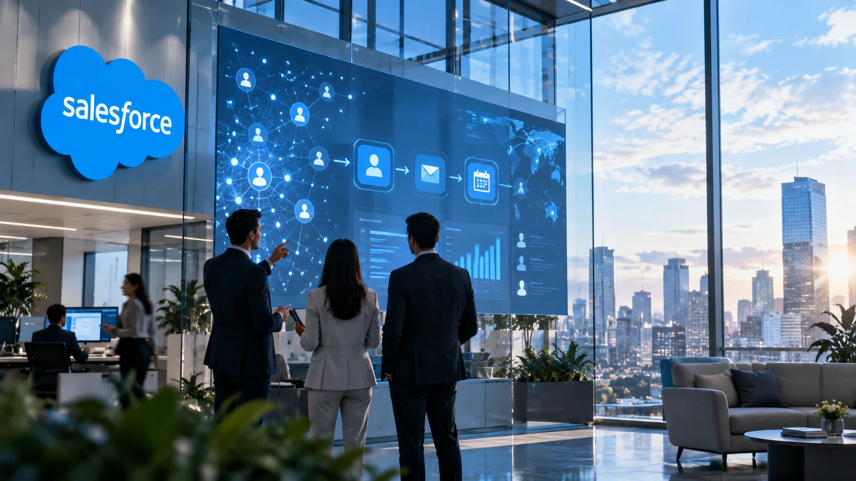 SalesforceのロゴとAI営業エージェントによるCRM連携フローを描いたAI生成のオフィスイメージ