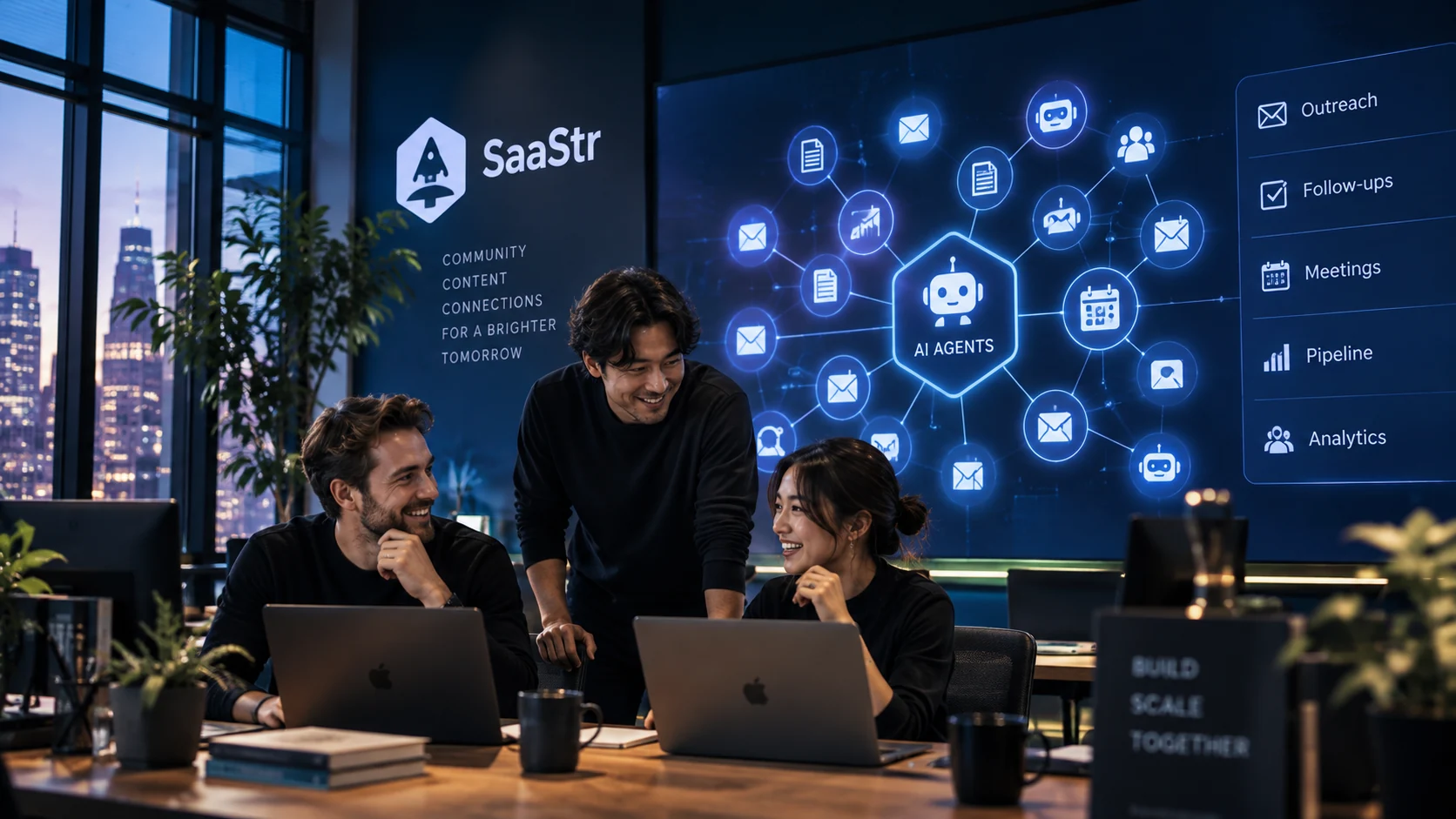 SaaStrのブランド名と複数のAIエージェントによる営業フローを背景に、3名のチームが協働するAI生成イメージ