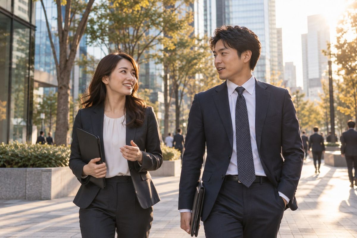屋外で商談先へ向かうビジネスパートナーのイメージ
